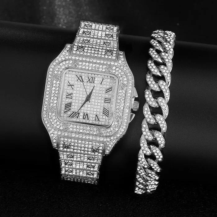 VVS Jewelry Bracelets Iced out Cuban Chain Cuban Bracelet Bundle FREE Square Roman Watch