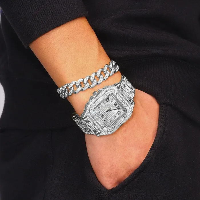 VVS Jewelry Bracelets Iced out Cuban Chain Cuban Bracelet Bundle FREE Square Roman Watch