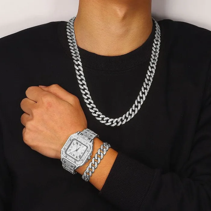 VVS Jewelry Bracelets Iced out Cuban Chain Cuban Bracelet Bundle FREE Square Roman Watch