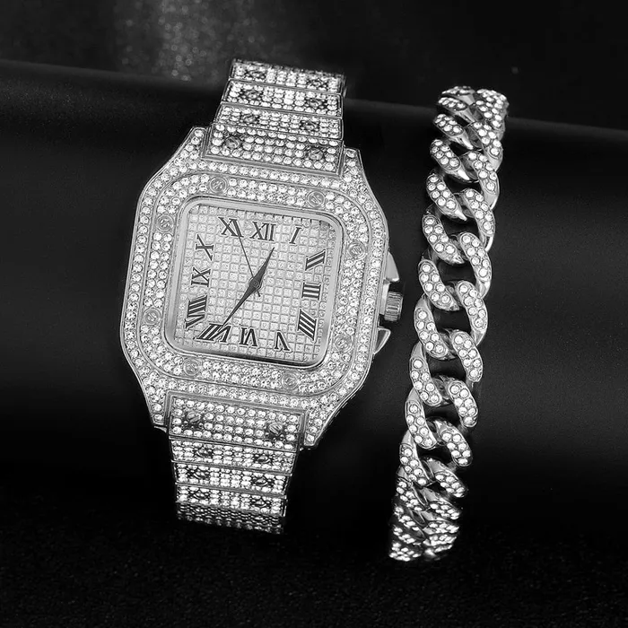 VVS Jewelry Bracelets Iced out Cuban Chain Cuban Bracelet Bundle FREE Square Roman Watch