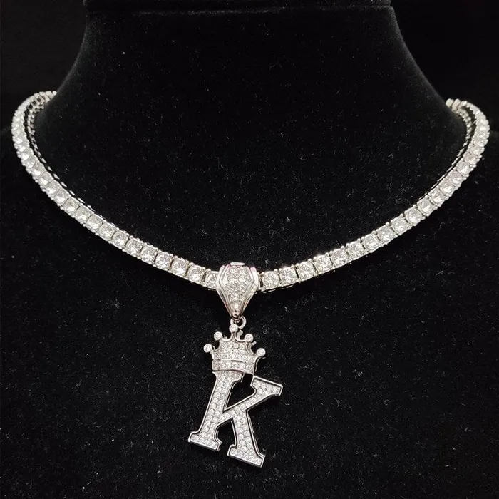 VVS Jewelry Necklaces Custom Block Crown Initial Pendant Tennis Chain