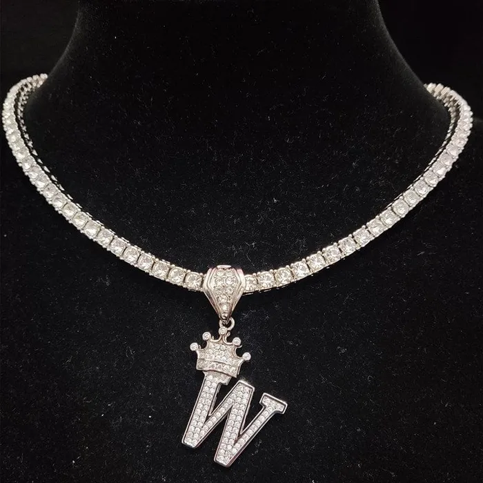 VVS Jewelry Necklaces Custom Block Crown Initial Pendant Tennis Chain