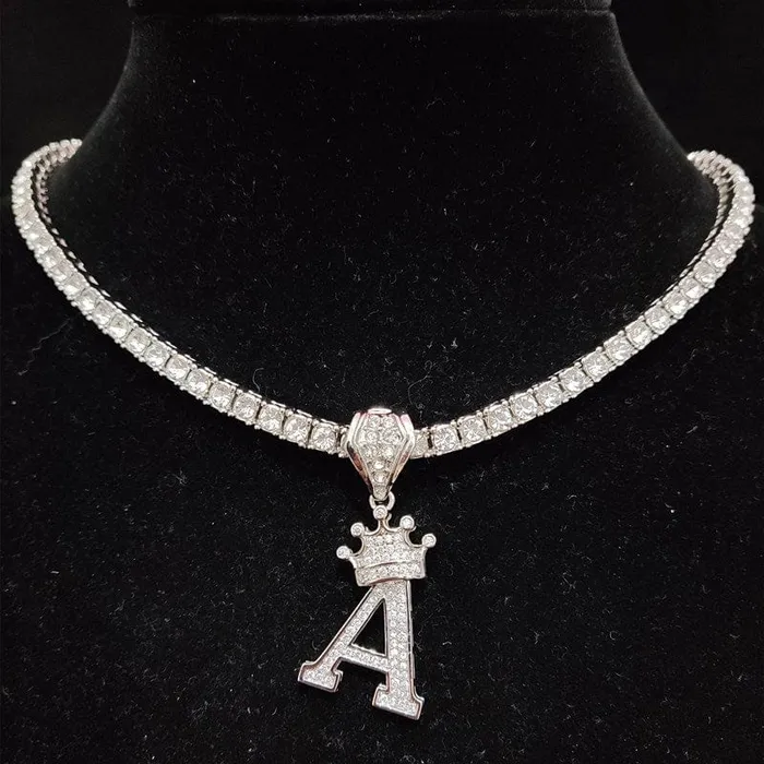 VVS Jewelry Necklaces Custom Block Crown Initial Pendant Tennis Chain