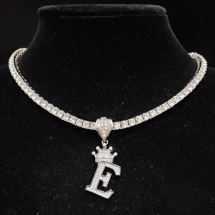 VVS Jewelry Necklaces Custom Block Crown Initial Pendant Tennis Chain