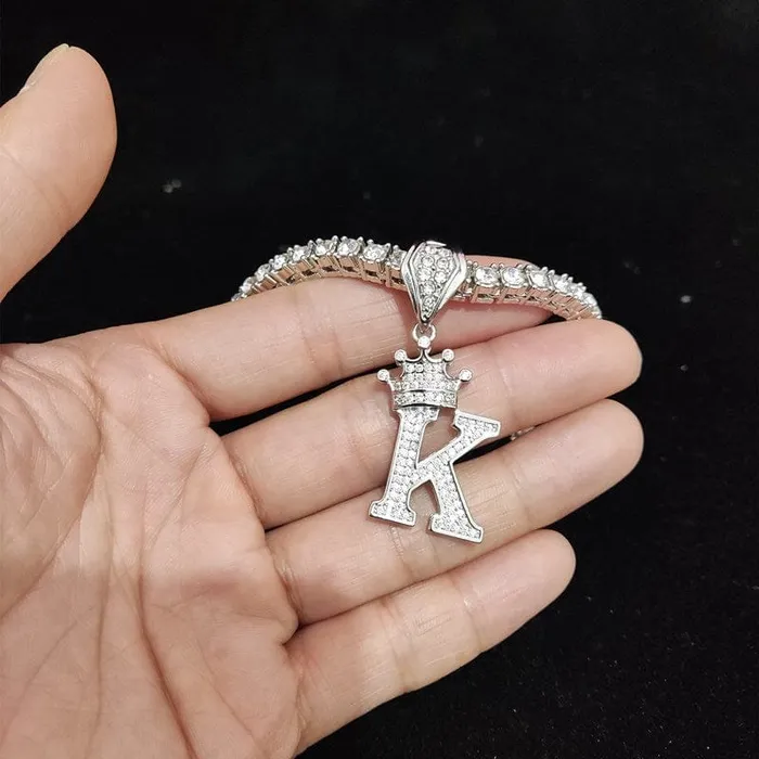 VVS Jewelry Necklaces Custom Block Crown Initial Pendant Tennis Chain