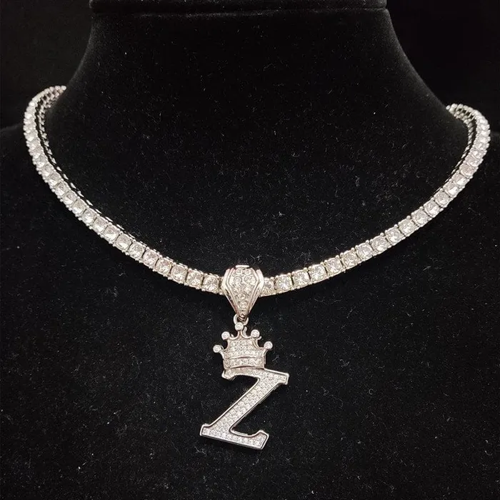 VVS Jewelry Necklaces Custom Block Crown Initial Pendant Tennis Chain