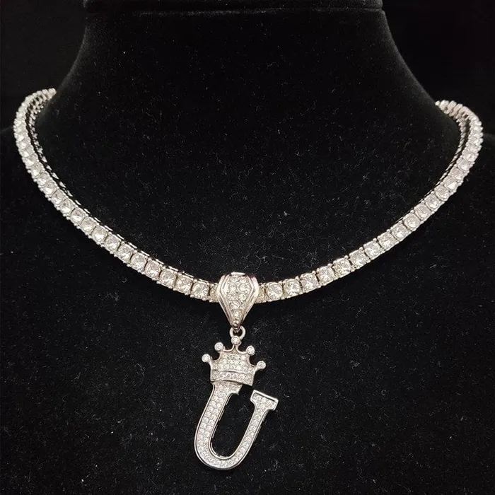 VVS Jewelry Necklaces Custom Block Crown Initial Pendant Tennis Chain