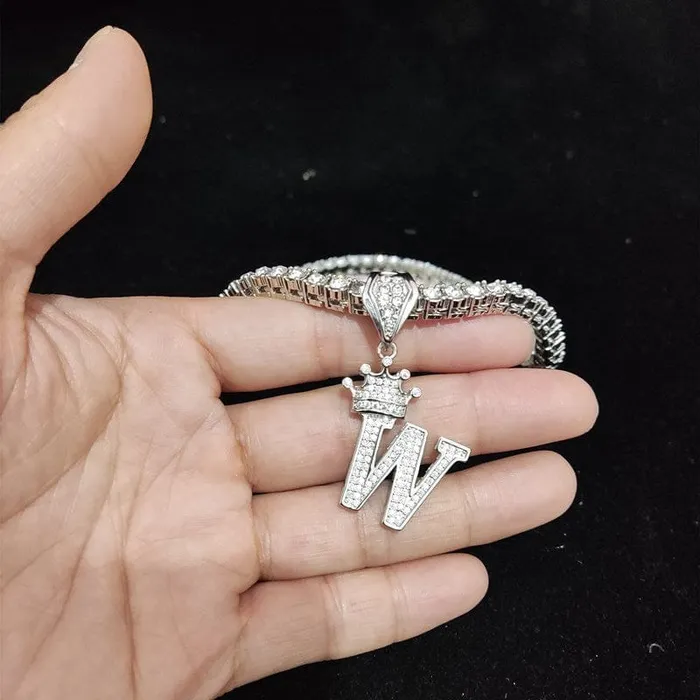 VVS Jewelry Necklaces Custom Block Crown Initial Pendant Tennis Chain