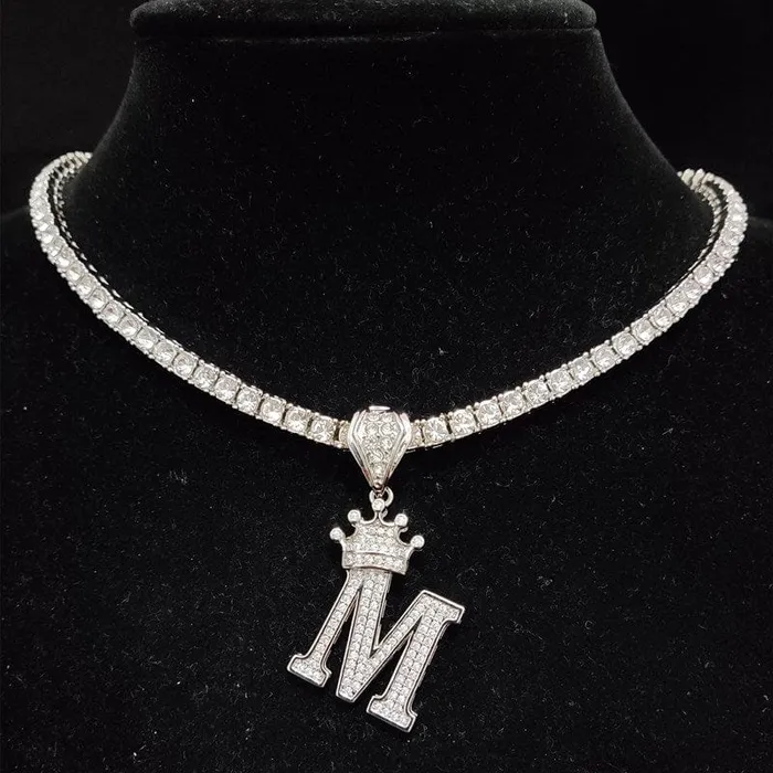 VVS Jewelry Necklaces Custom Block Crown Initial Pendant Tennis Chain