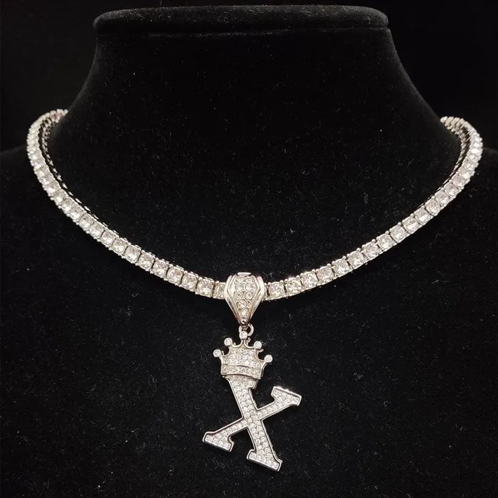 VVS Jewelry Necklaces Custom Block Crown Initial Pendant Tennis Chain