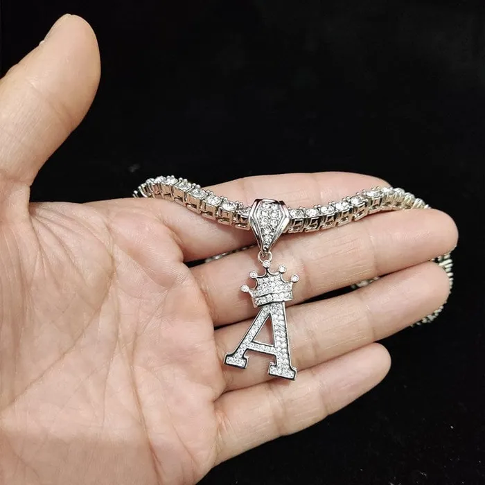 VVS Jewelry Necklaces Custom Block Crown Initial Pendant Tennis Chain
