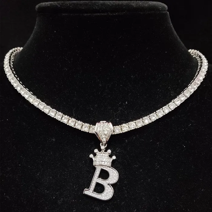 VVS Jewelry Necklaces Custom Block Crown Initial Pendant Tennis Chain