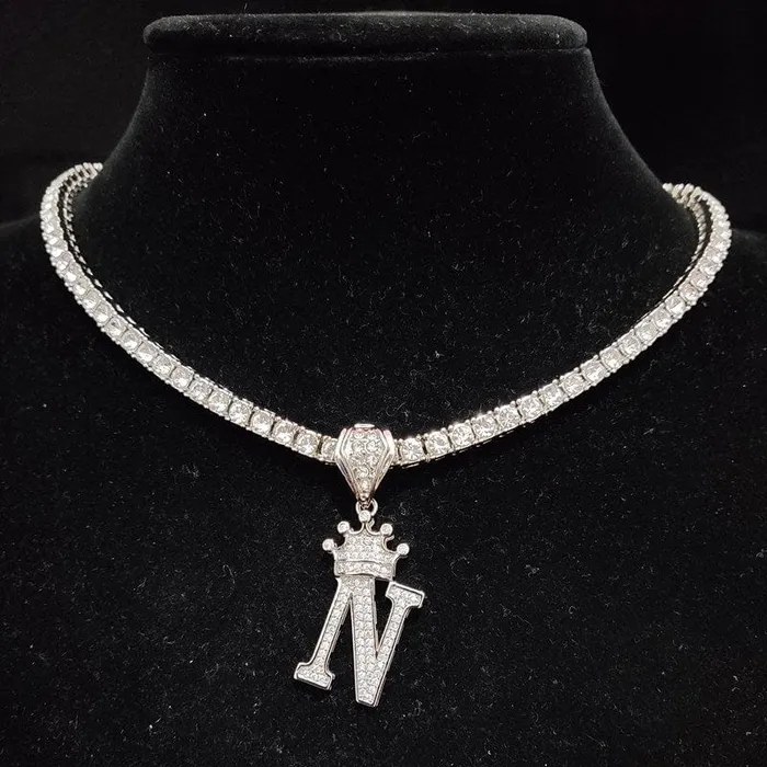 VVS Jewelry Necklaces Custom Block Crown Initial Pendant Tennis Chain