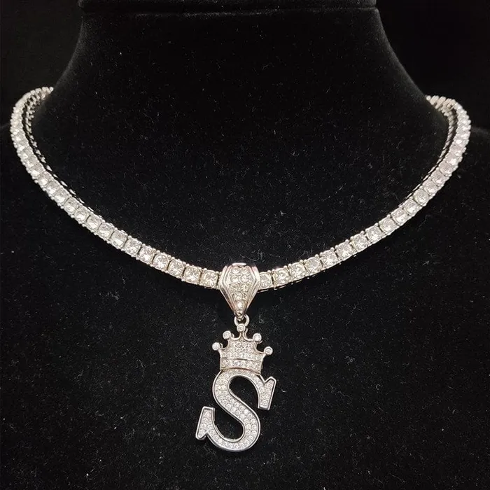 VVS Jewelry Necklaces Custom Block Crown Initial Pendant Tennis Chain