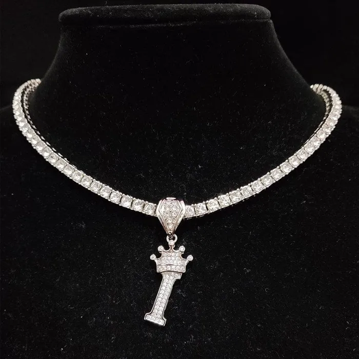 VVS Jewelry Necklaces Custom Block Crown Initial Pendant Tennis Chain