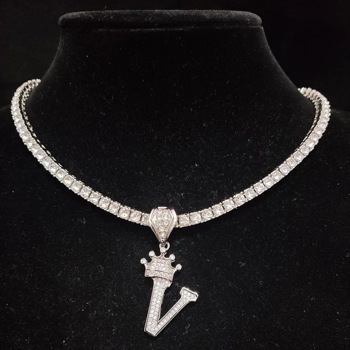 VVS Jewelry Necklaces Custom Block Crown Initial Pendant Tennis Chain