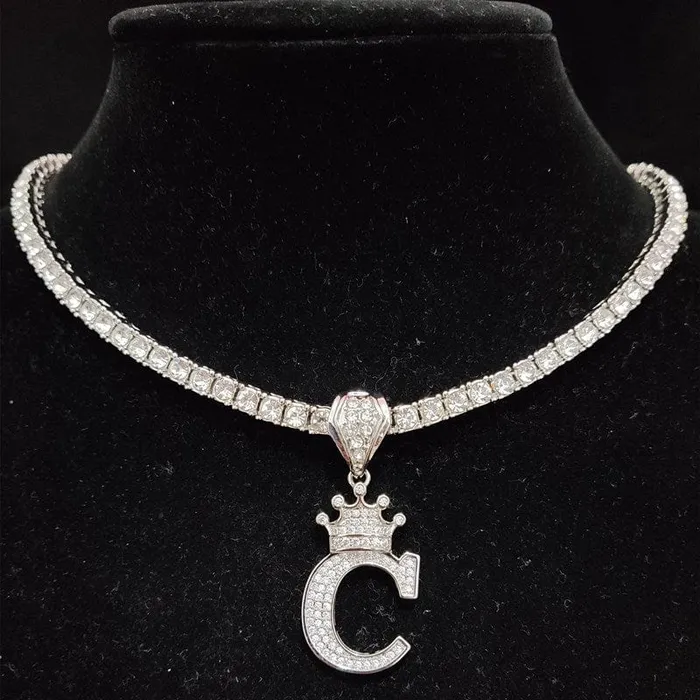 VVS Jewelry Necklaces Custom Block Crown Initial Pendant Tennis Chain