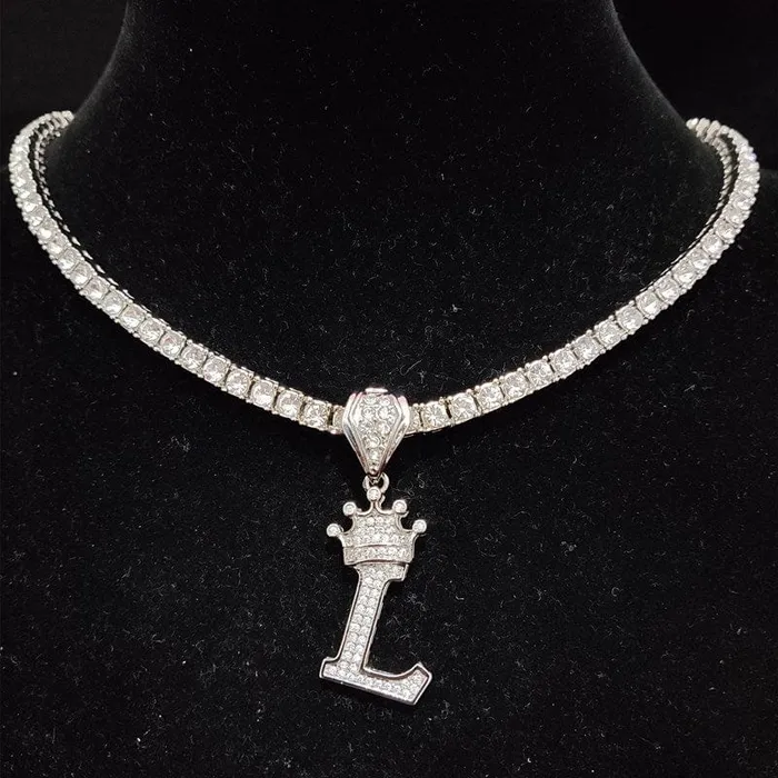 VVS Jewelry Necklaces Custom Block Crown Initial Pendant Tennis Chain