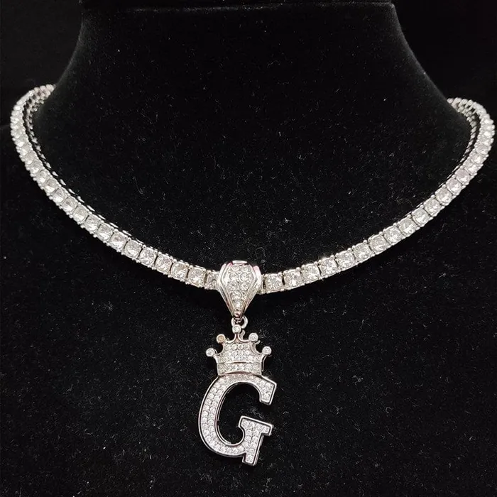 VVS Jewelry Necklaces Custom Block Crown Initial Pendant Tennis Chain