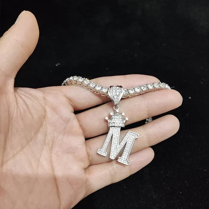 VVS Jewelry Necklaces Custom Block Crown Initial Pendant Tennis Chain