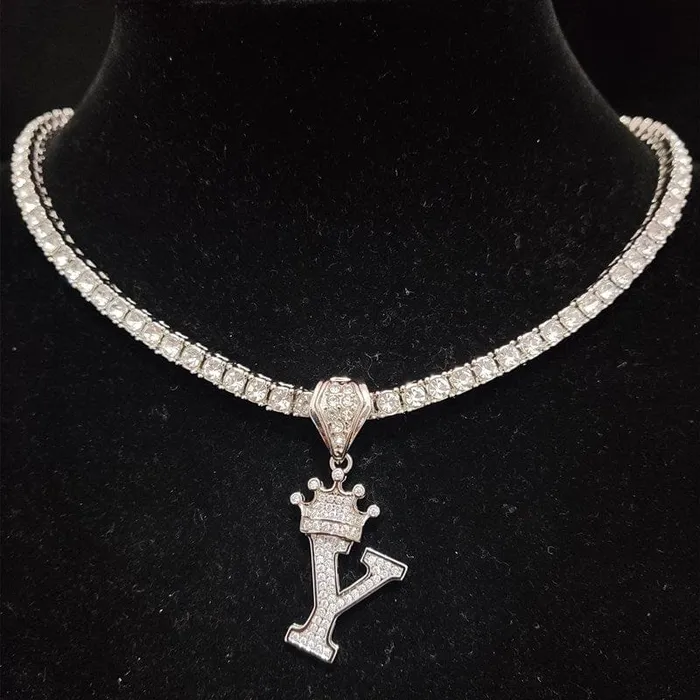 VVS Jewelry Necklaces Custom Block Crown Initial Pendant Tennis Chain