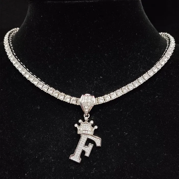 VVS Jewelry Necklaces Custom Block Crown Initial Pendant Tennis Chain