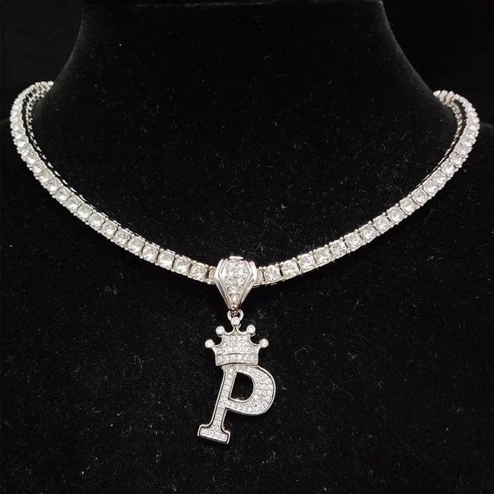 VVS Jewelry Necklaces Custom Block Crown Initial Pendant Tennis Chain