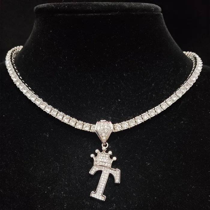 VVS Jewelry Necklaces Custom Block Crown Initial Pendant Tennis Chain