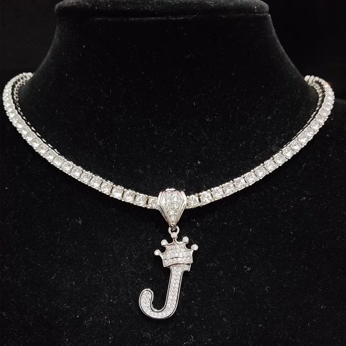 VVS Jewelry Necklaces Custom Block Crown Initial Pendant Tennis Chain