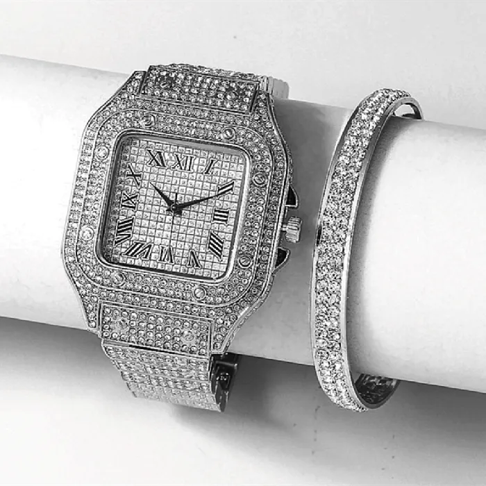 VVS Jewelry Watches Fully Iced Roman Square Bezel Watch FREE Iced Bangle