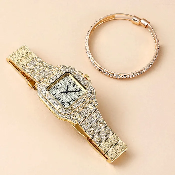 VVS Jewelry Watches Fully Iced Roman Square Bezel Watch FREE Iced Bangle