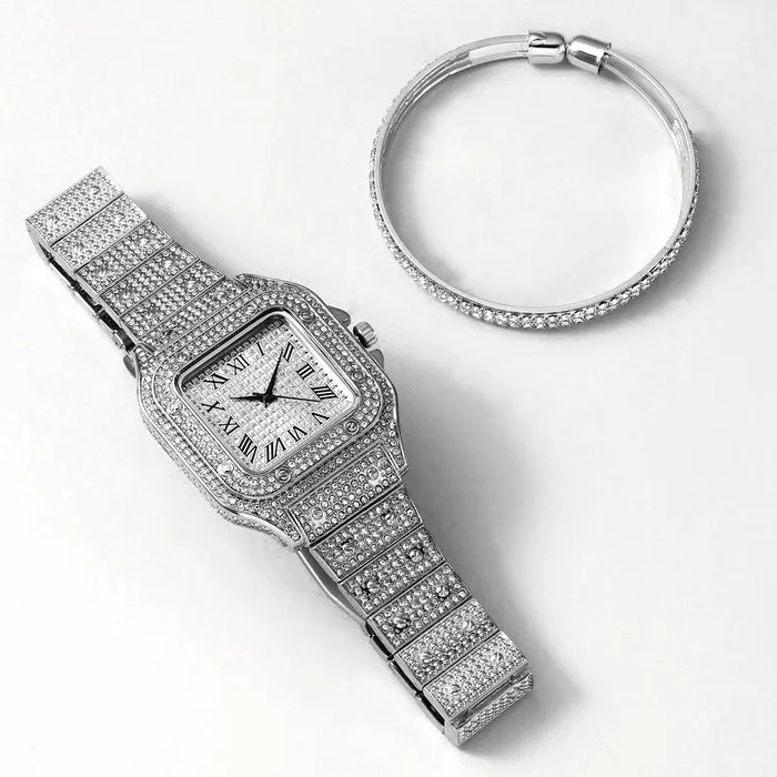 VVS Jewelry Watches Fully Iced Roman Square Bezel Watch FREE Iced Bangle