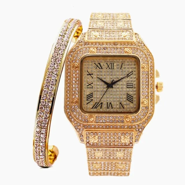 VVS Jewelry Watches Fully Iced Roman Square Bezel Watch FREE Iced Bangle