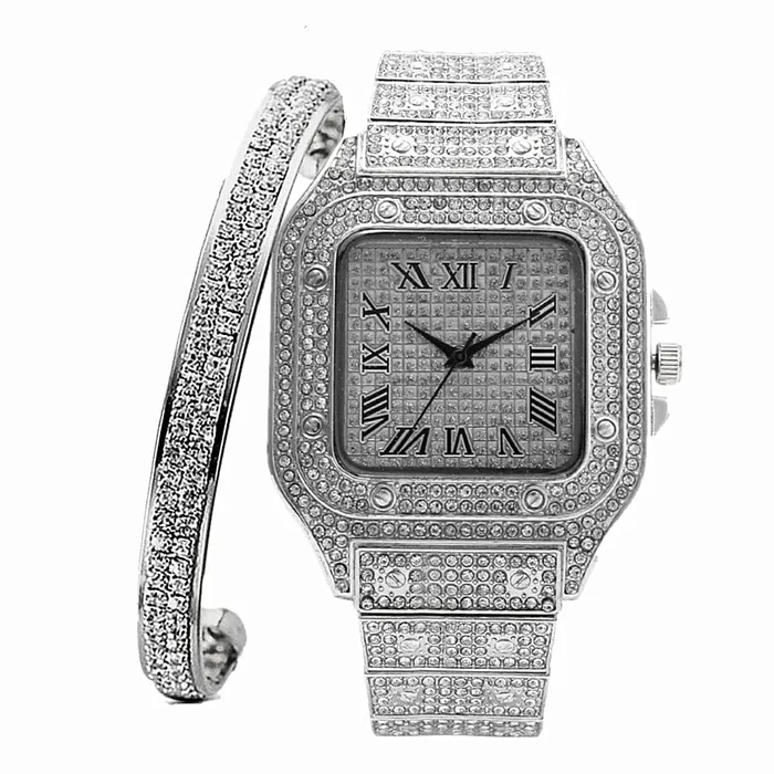 VVS Jewelry Watches Fully Iced Roman Square Bezel Watch FREE Iced Bangle