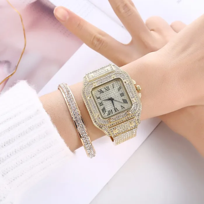 VVS Jewelry Watches Fully Iced Roman Square Bezel Watch FREE Iced Bangle
