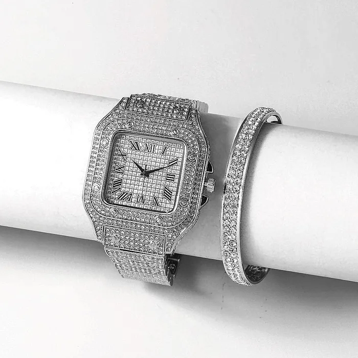 VVS Jewelry Watches Fully Iced Roman Square Bezel Watch FREE Iced Bangle
