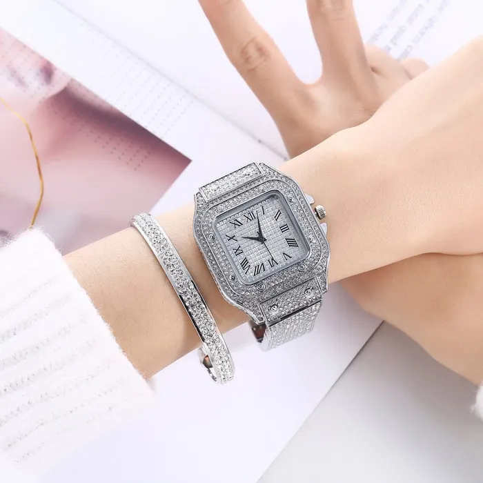 VVS Jewelry Watches Fully Iced Roman Square Bezel Watch FREE Iced Bangle