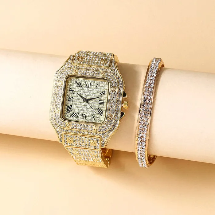 VVS Jewelry Watches Fully Iced Roman Square Bezel Watch FREE Iced Bangle