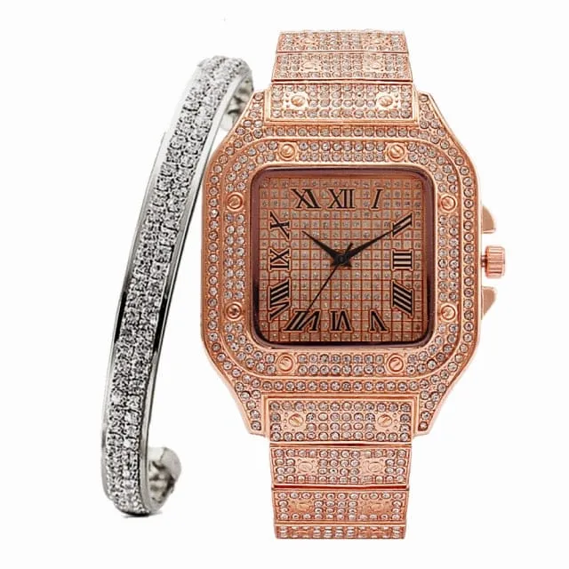 VVS Jewelry Watches Fully Iced Roman Square Bezel Watch FREE Iced Bangle