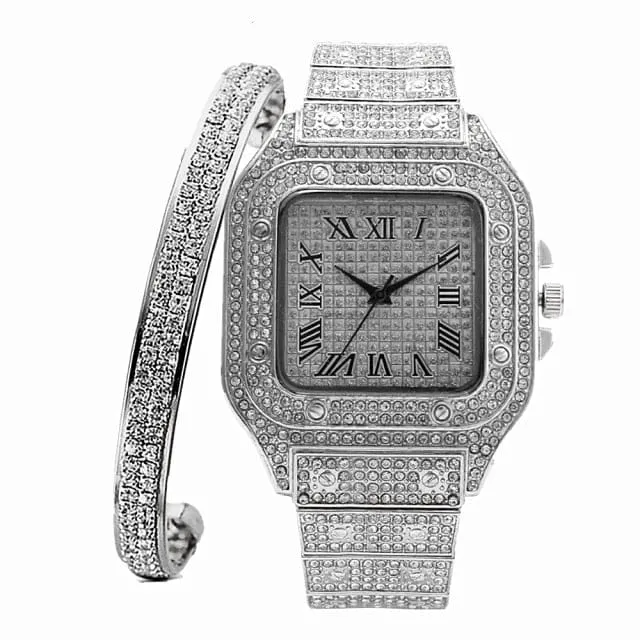 VVS Jewelry Watches Fully Iced Roman Square Bezel Watch FREE Iced Bangle