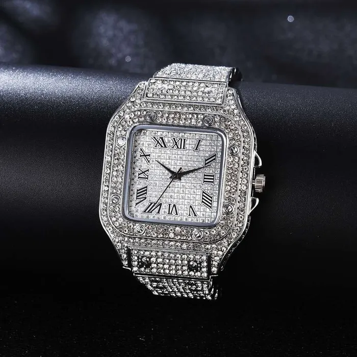 VVS Jewelry Watches Fully Iced Roman Square Bezel Watch FREE Iced Bangle