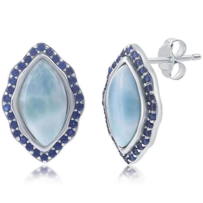 Womens Earrings Marquise Larimar with CZ Border Stud D7741 Classic Earrings Womens Earrings Marquise Larimar with CZ Border Stud D7741 Classic Earrings