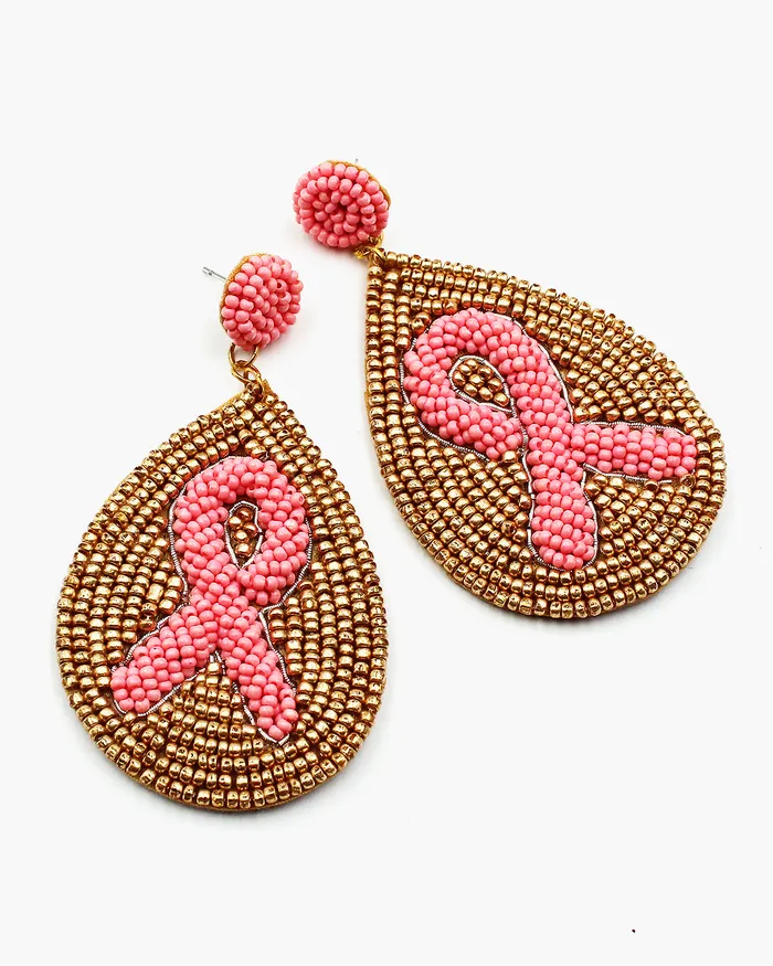 08012023 Earrings Pink Ribbon Tear Drop Beaded Earrings