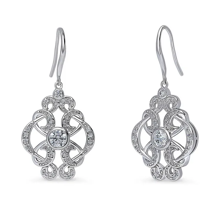BERRICLE Earrings Flower Art Deco CZ Fish Hook Earrings in Sterling Silver BERRICLE Earrings Flower Art Deco CZ Fish Hook Earrings in Sterling Silver
