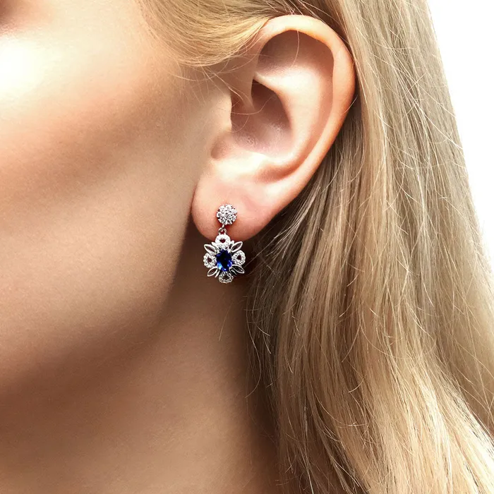 BERRICLE Earrings Flower Simulated Blue Sapphire CZ Earrings in Sterling Silver