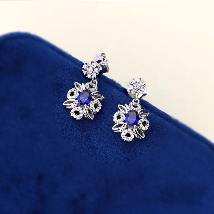 BERRICLE Earrings Flower Simulated Blue Sapphire CZ Earrings in Sterling Silver