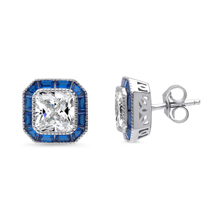 BERRICLE Earrings Halo Art Deco Princess CZ Stud Earrings in Sterling Silver