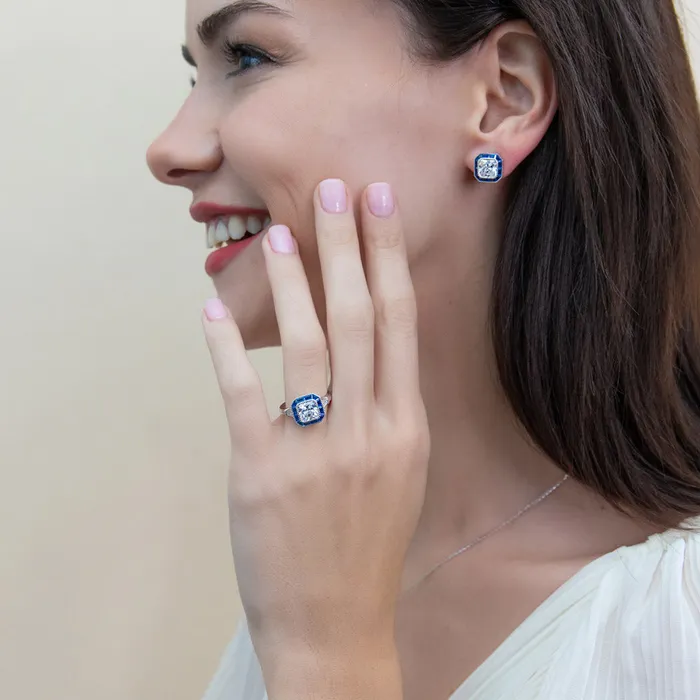 BERRICLE Earrings Halo Art Deco Princess CZ Stud Earrings in Sterling Silver