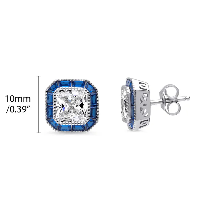 BERRICLE Earrings Halo Art Deco Princess CZ Stud Earrings in Sterling Silver