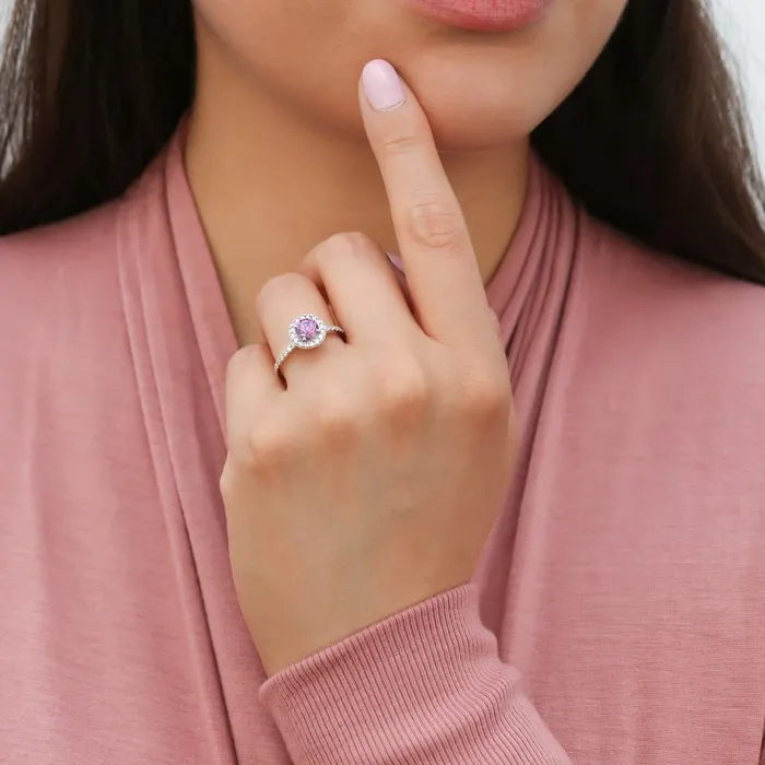 BERRICLE Rings Halo Purple CZ Ring in Sterling Silver
